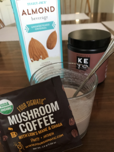 Perfect Keto Chocolate Sea Salt mixed with almond milk, right before I added the Lion's Mane coffee